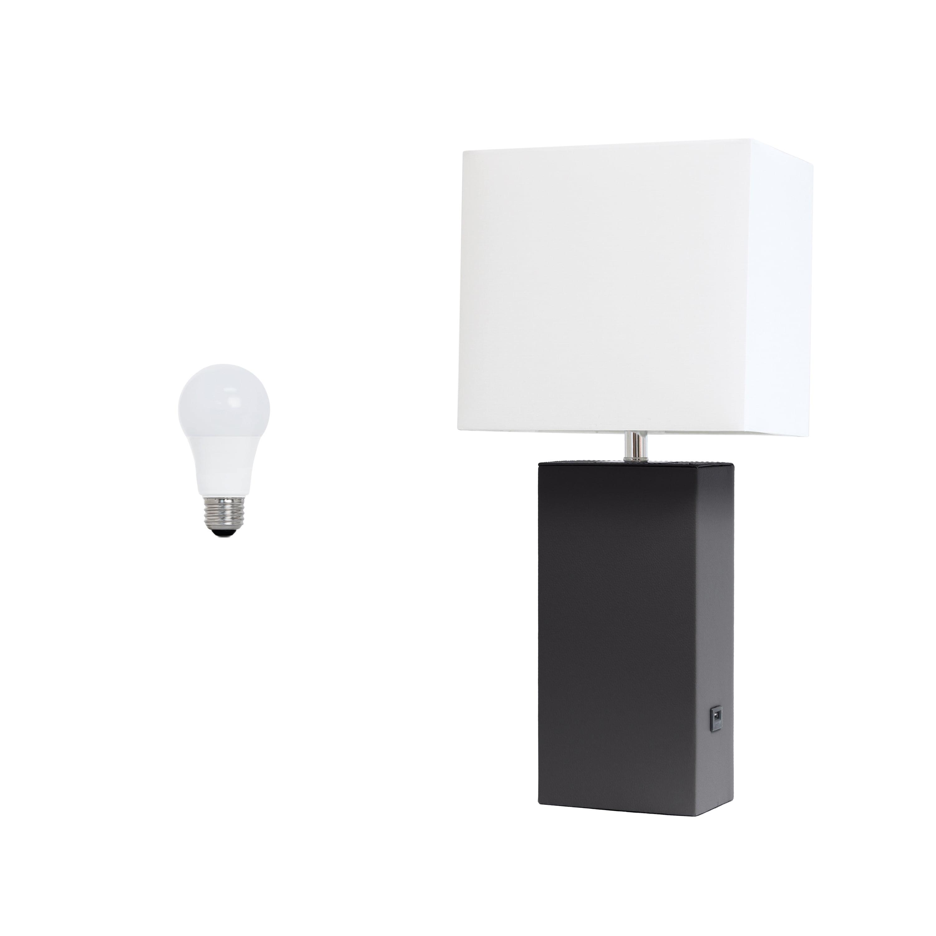 Lalia Home 21" Lexington Leather Base Modern Home Decor Bedside Table Lamp with USB Charging Port and Fabric Shade Black/White: UL Listed