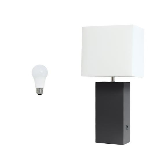 Lalia Home 21" Lexington Leather Base Modern Home Decor Bedside Table Lamp with USB Charging Port and Fabric Shade Black/White: UL Listed