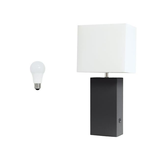 Lalia Home 21" Lexington Leather Base Modern Home Decor Bedside Table Lamp with USB Charging Port and Fabric Shade Black/White: UL Listed