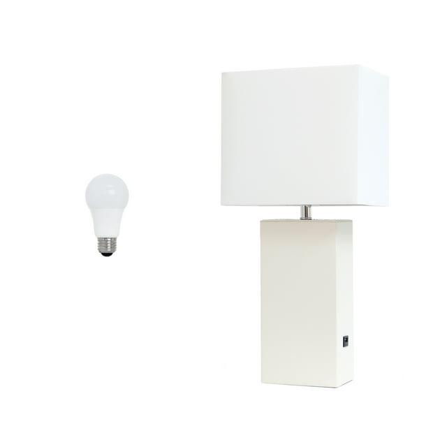 Lalia Home 21" Lexington Leather Base Modern Home Decor Bedside Table Lamp with USB Charging Port White : Fabric Shade