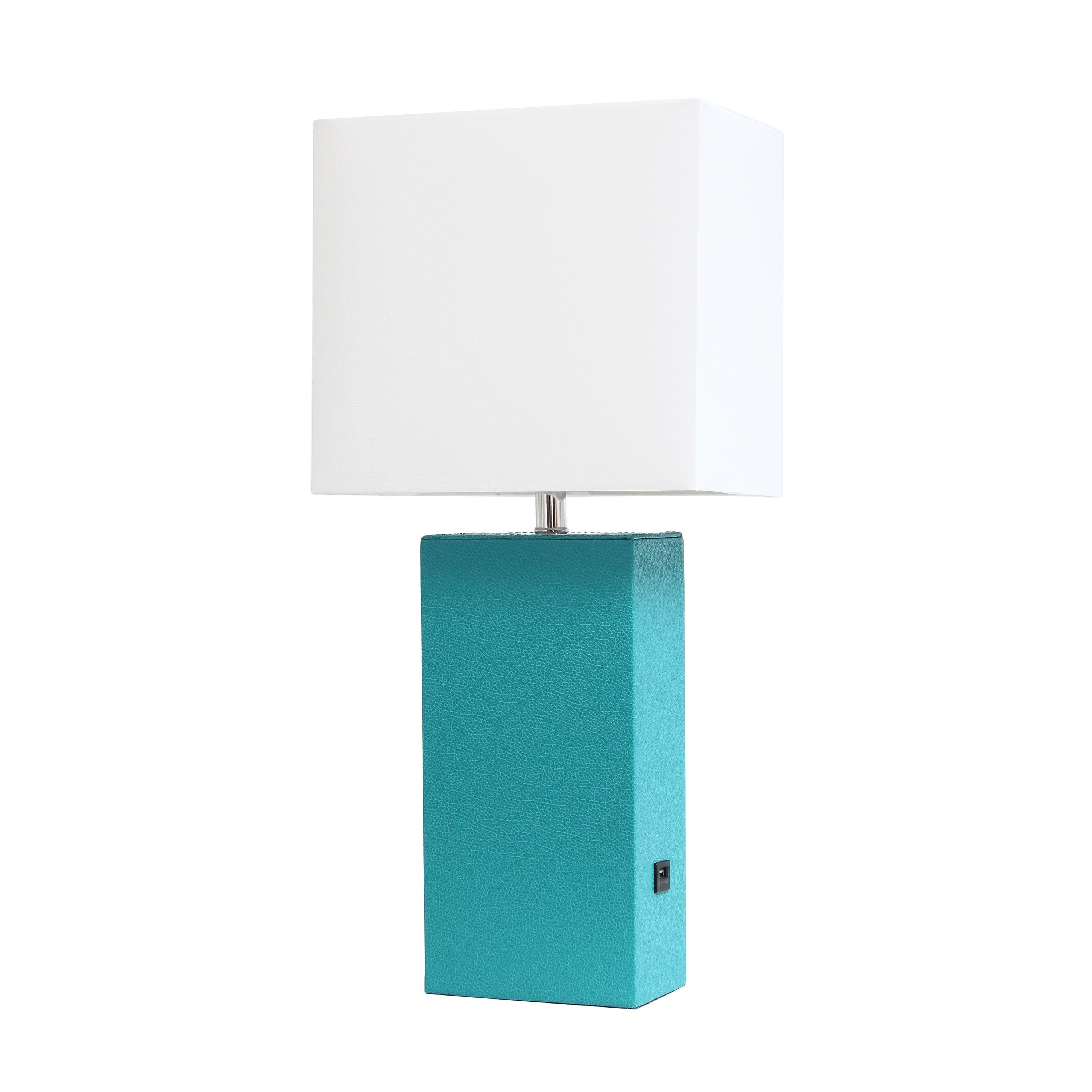21" Lexington Leather Base Modern Home Decor Bedside Table Lamp with USB Charging Port and Fabric Shade Teal Green/White - Lalia Home: No Assembly
