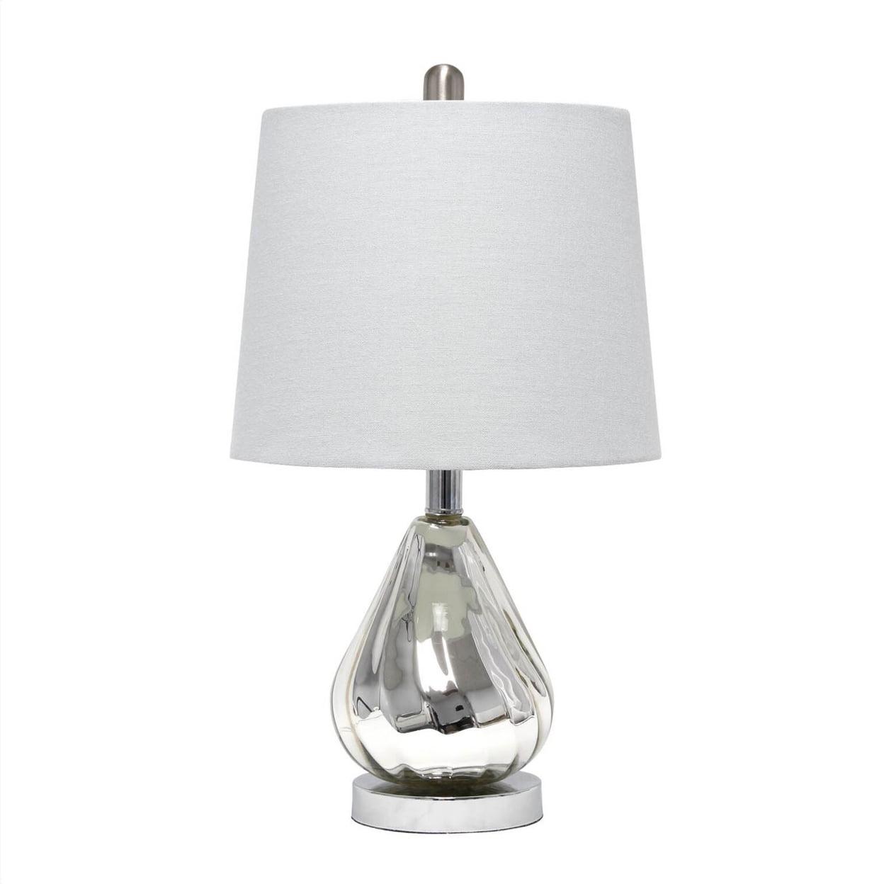 Gray Chrome Droplet Nightstand Lamp with Fabric Shade