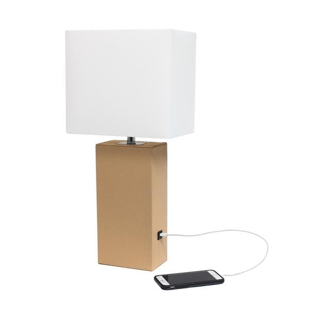 21" Lexington Leather Base Modern Home Decor Bedside Table Lamp with USB Charging Port and Fabric Shade Tan/White - Lalia Home: No Assembly