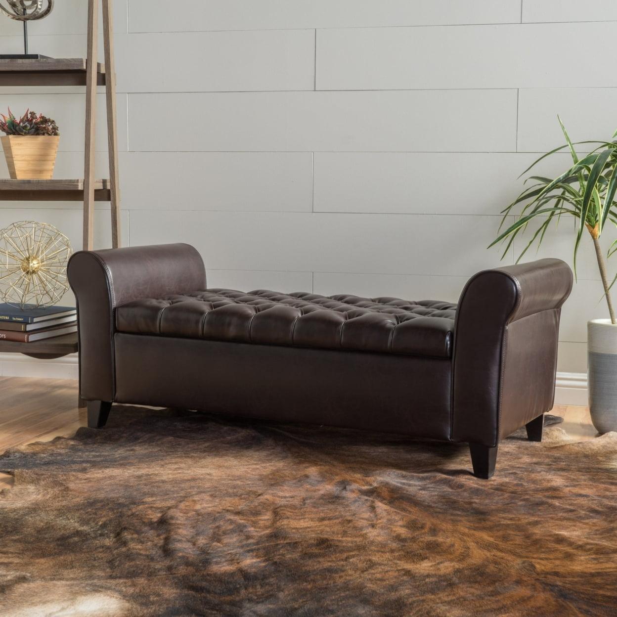 Keiko Tufted Brown Leather Storage Bench with Rolled Arms