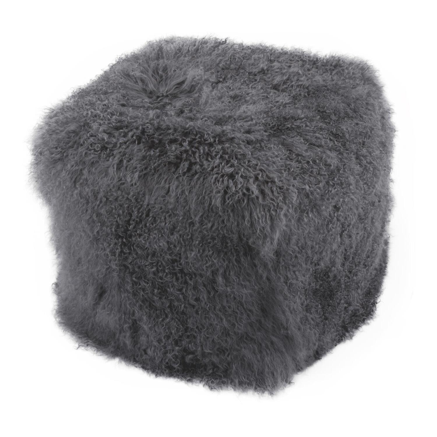 Contemporary Charcoal Grey Lamb Fur 22" Square Pouf Ottoman