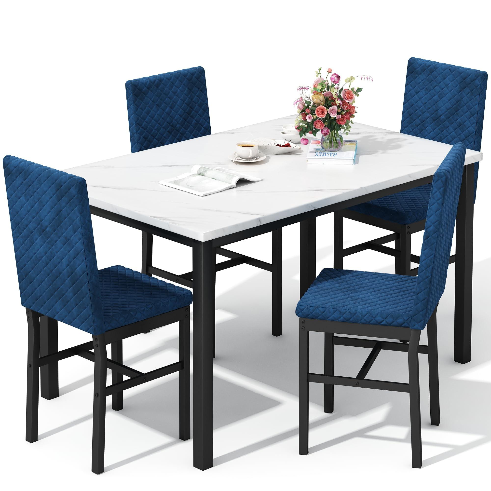 White Faux Marble Dining Table with Blue Velvet Chairs