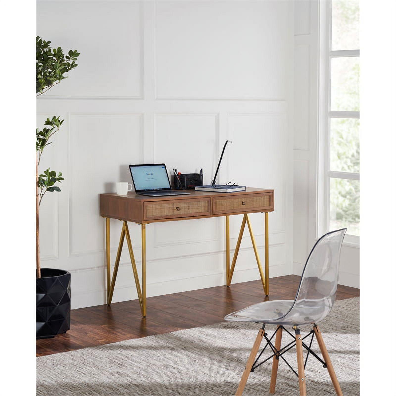 Simplistic Brown Solid Wood 45" Writing Desk with Rattan Drawers