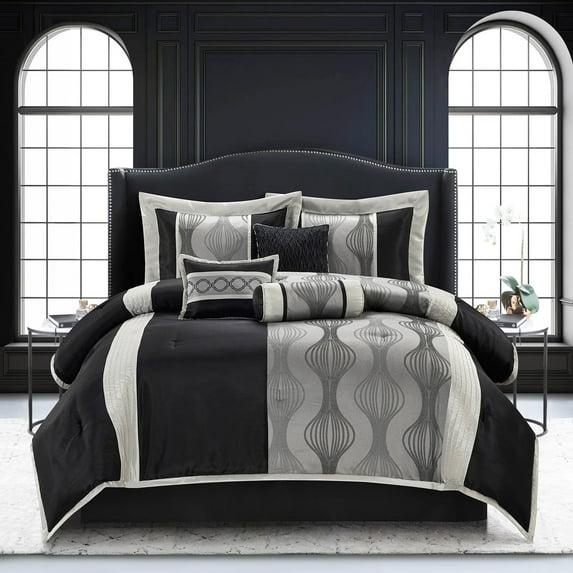 Lanco Black and Silver Comforter Set Queen Size, 7 Pieces Bedding & Collection, Jacquard All Season Comforter & Pillows, Ultra-Soft Microfiber