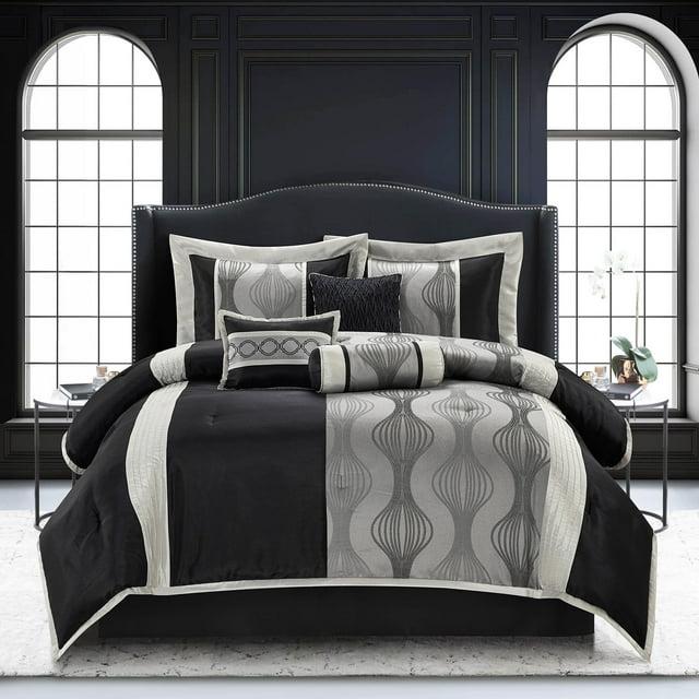 Lanco Black and Silver Comforter Set Queen Size, 7 Pieces Bedding & Collection, Jacquard All Season Comforter & Pillows, Ultra-Soft Microfiber