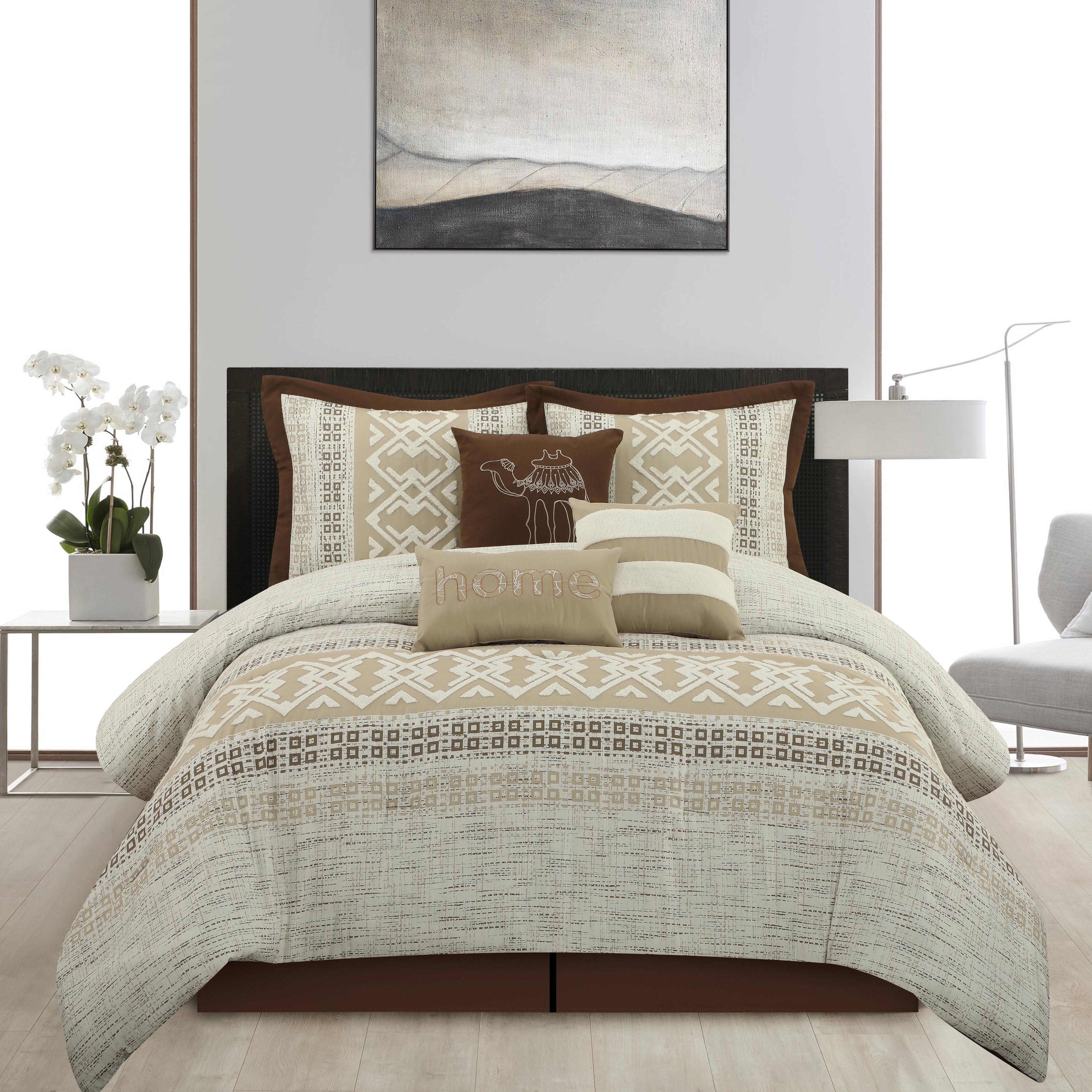 Ivory and Taupe Geometric Bohemian California King Comforter Set