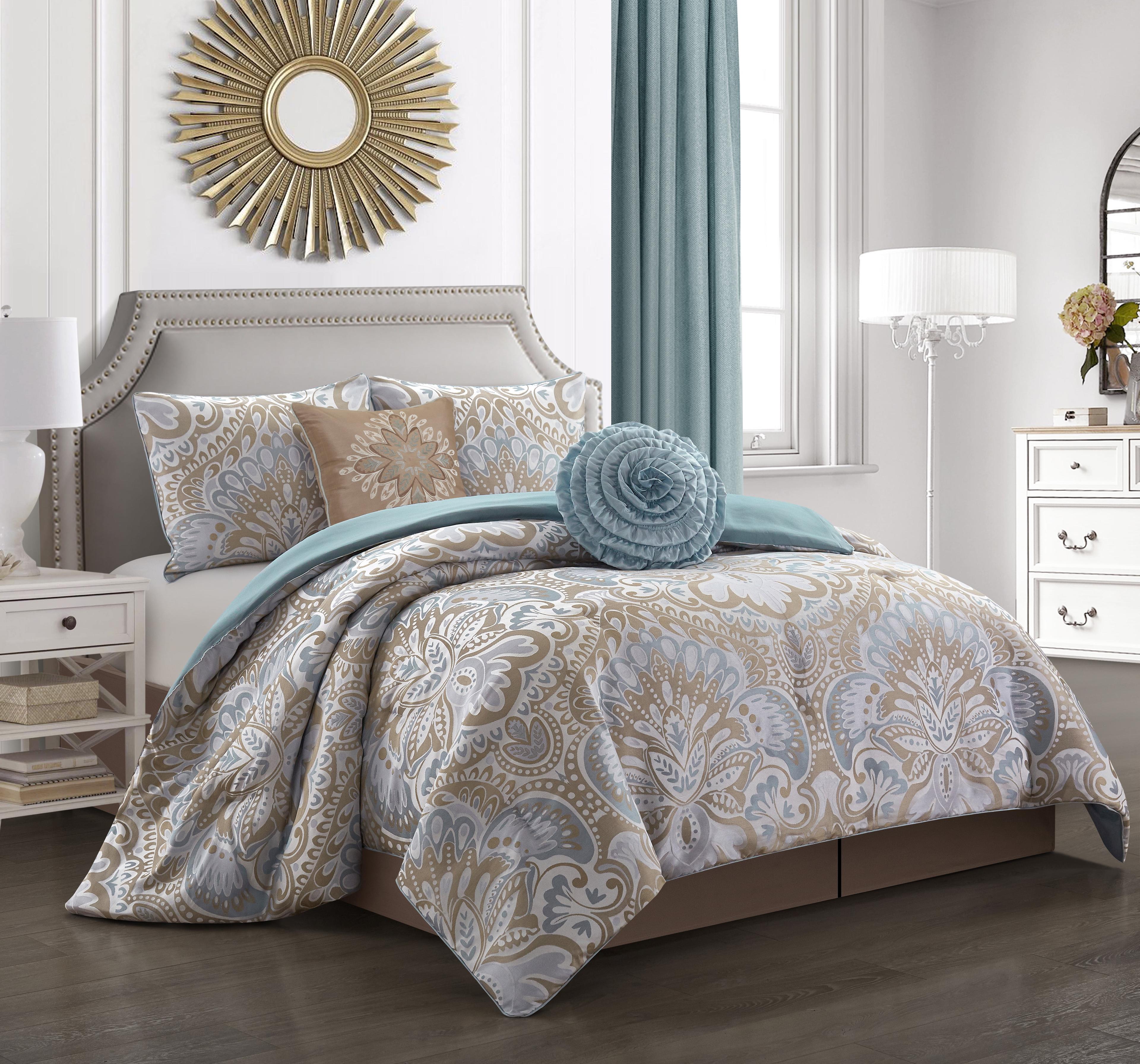 Lanco Luscious Diane 6-Piece Reversible Comforter Bedding Set, California King, Blue Gold, Fill Material Polyester, Floral