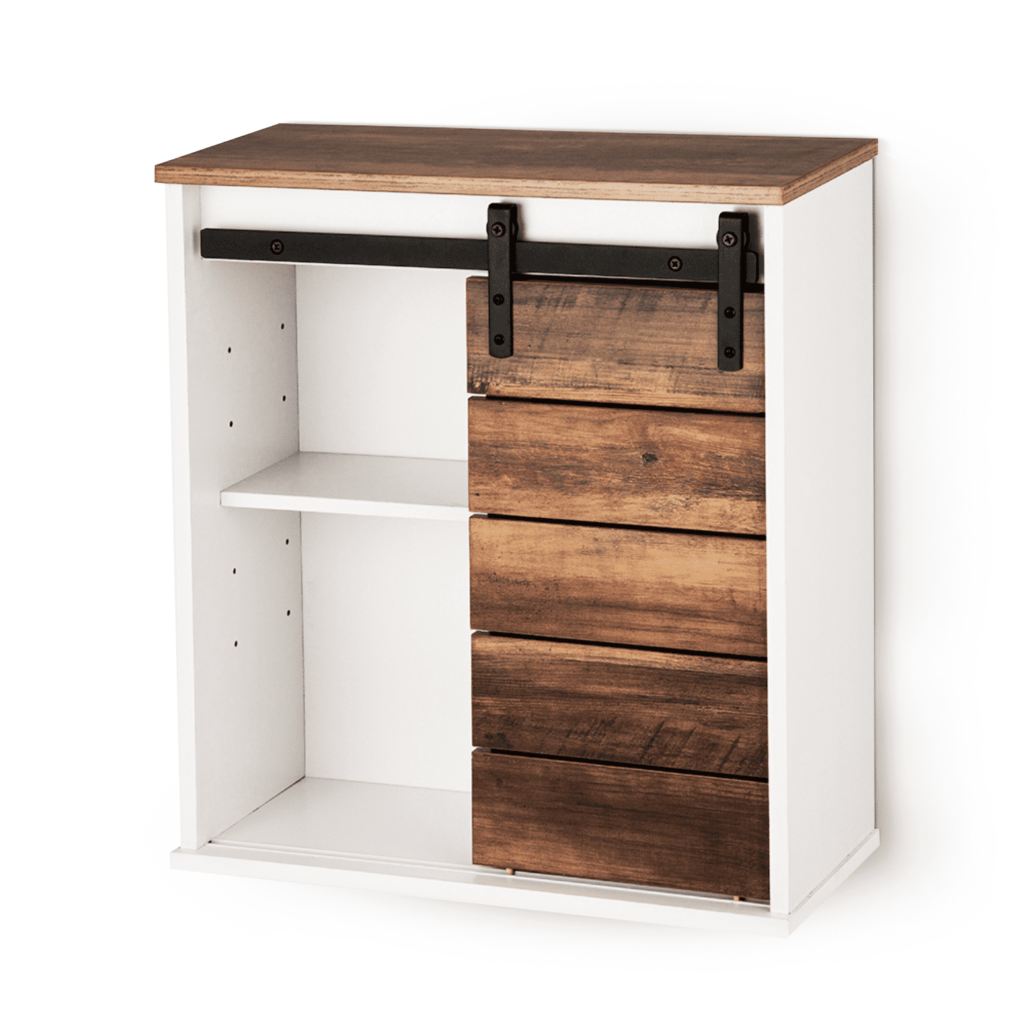 White and Brown Wood Wall Mounted Bathroom Cabinet with Sliding Barn Door