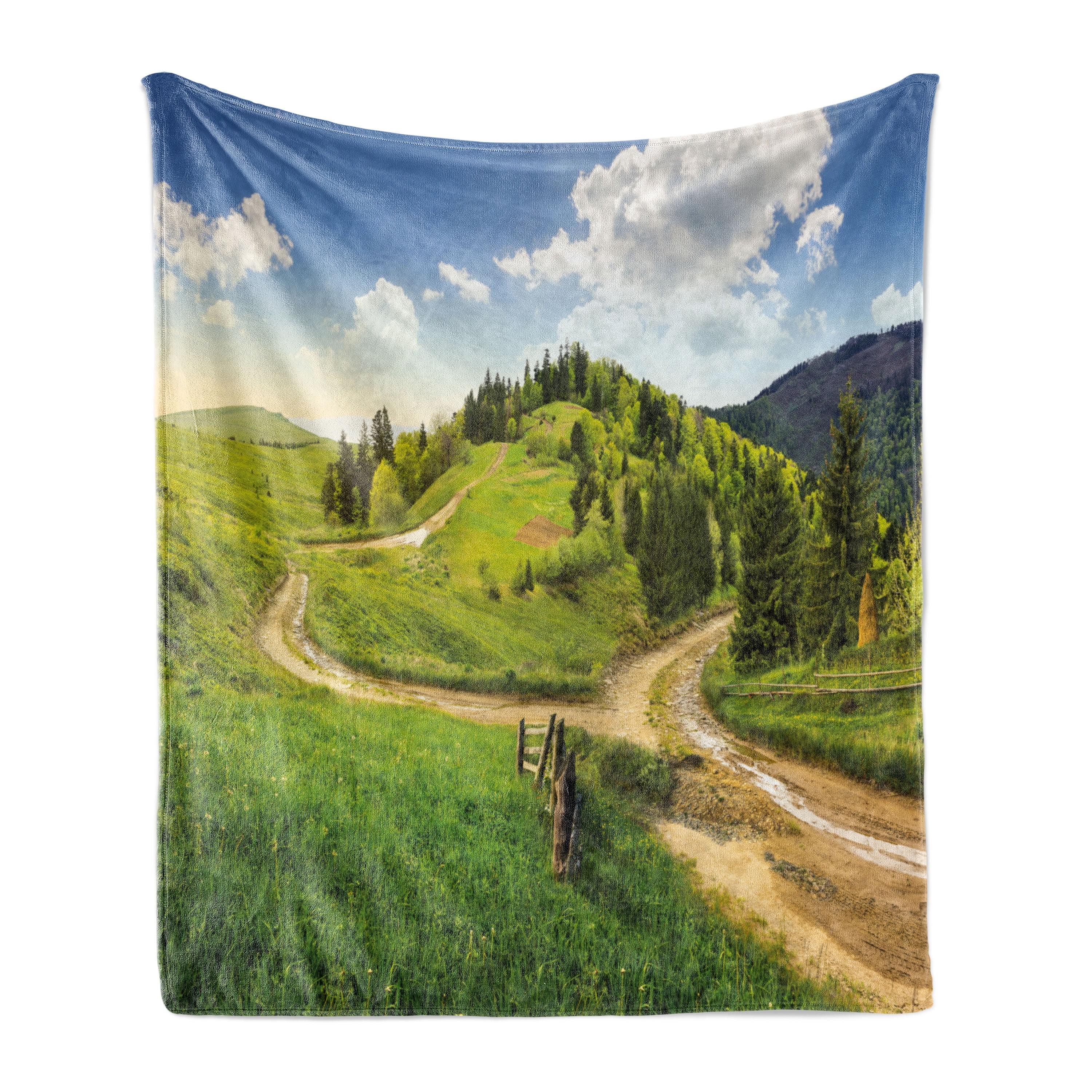 Ambesonne Nature Fleece Throw Blanket Hillside Meadow Trees Green Blue