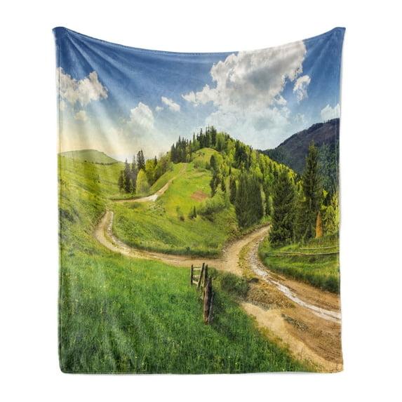 Ambesonne Ambesonne Nature Fleece Throw Blanket Hillside Meadow Trees Green Blue