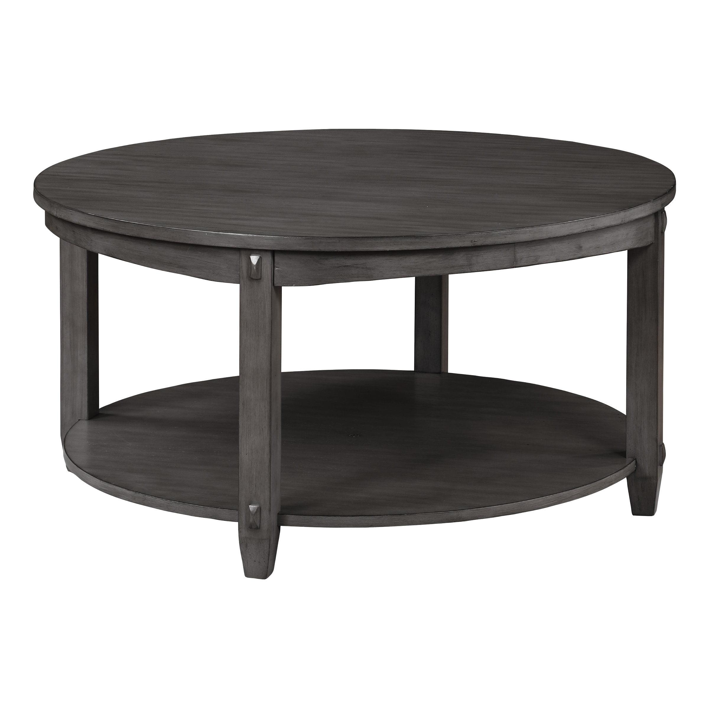 Slate Gray Round Wood Coffee Table with Lower Shelf