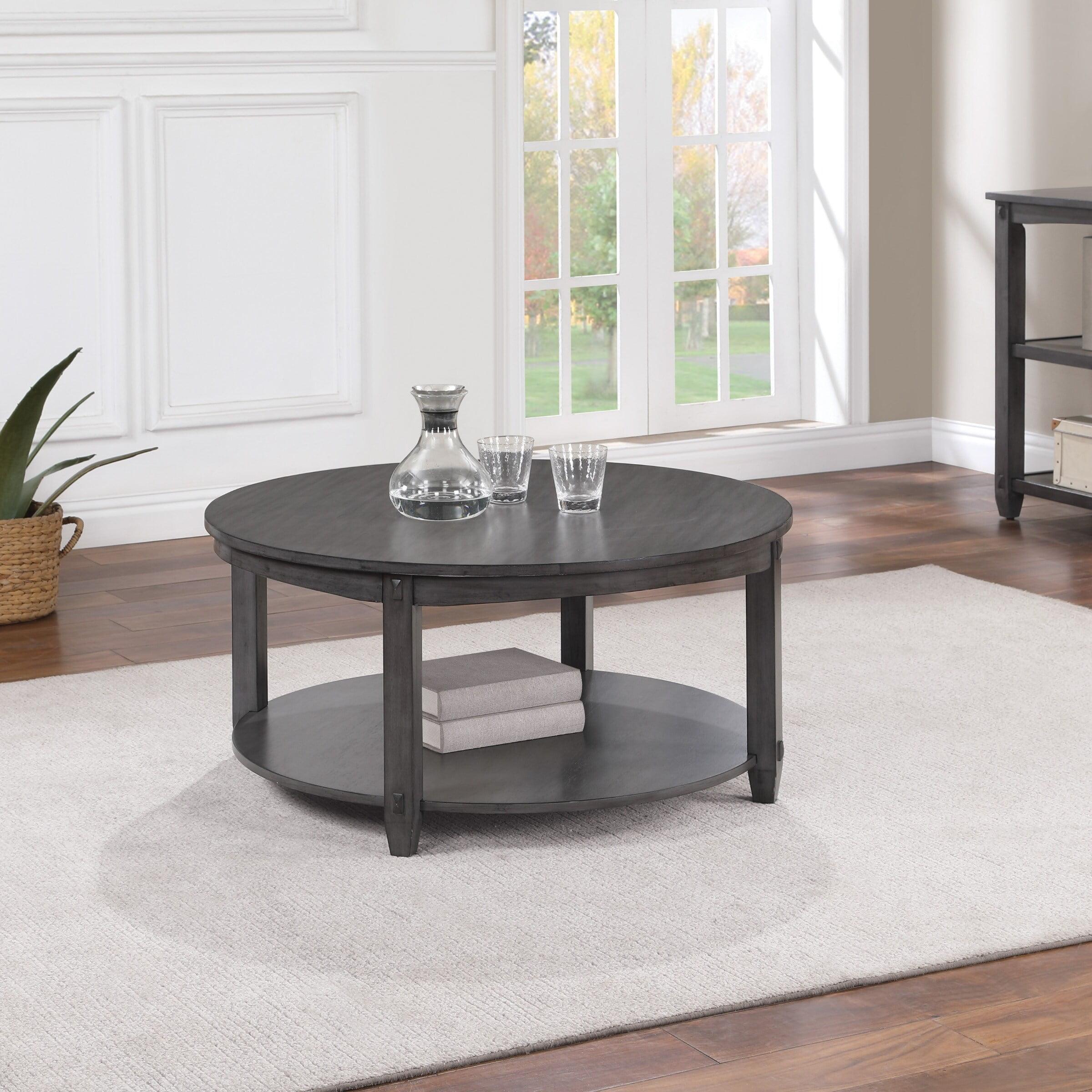 Slate Gray Round Wood Coffee Table with Lower Shelf