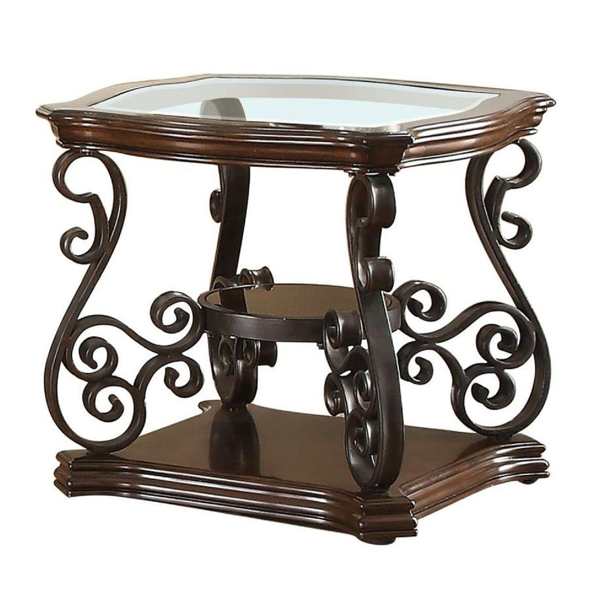 Elegance Merlot 26" Square Wood and Metal End Table with Glass Top