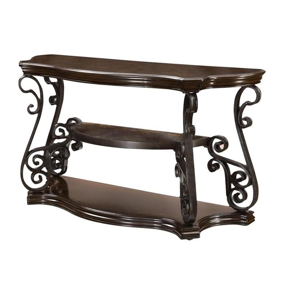 Transitional Black Demilune Sofa Table with Glass Top and Ornate Metal Scrollwork