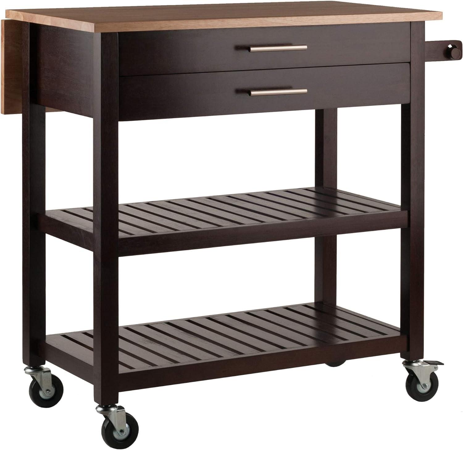 Brown Wood Drop Leaf Kitchen Cart with Storage