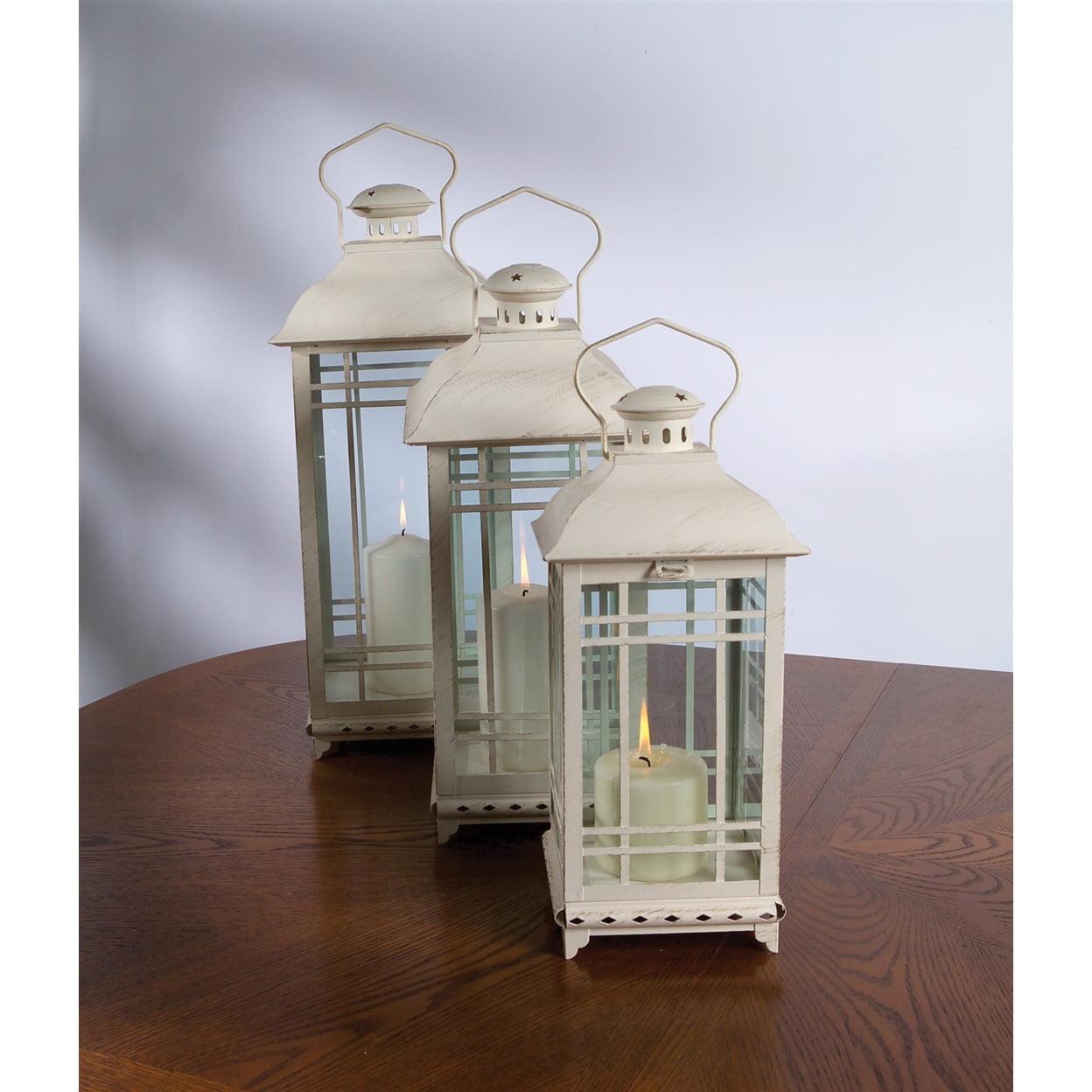 Elegant White-Washed Metal & Glass Candle Lantern Trio