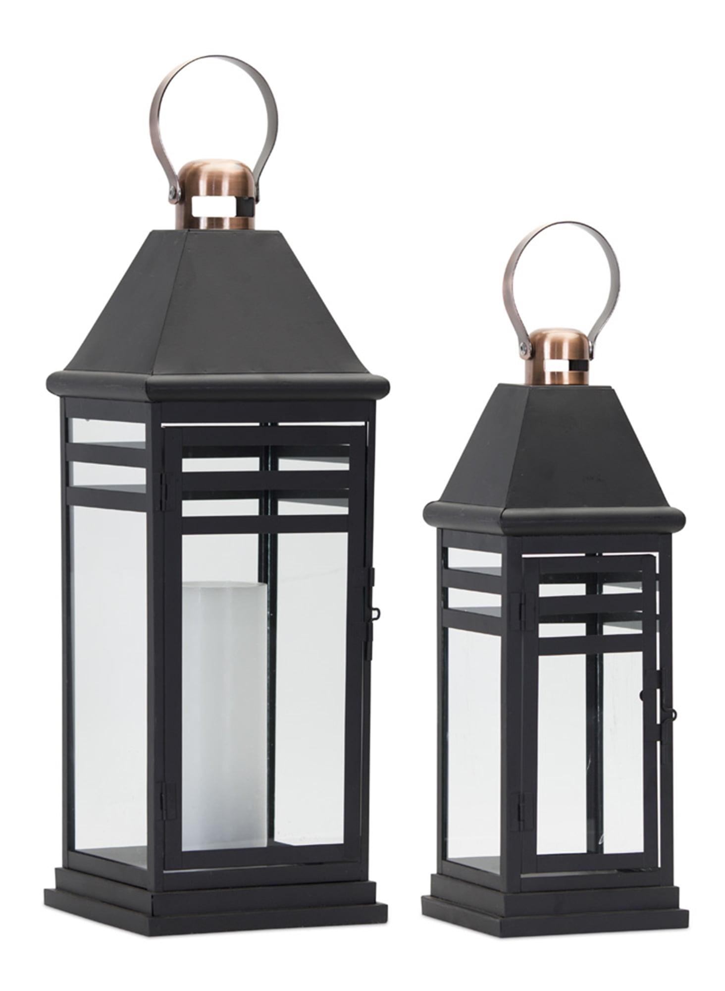 Elegant Copper Accent Metal & Glass Hanging Lantern Set