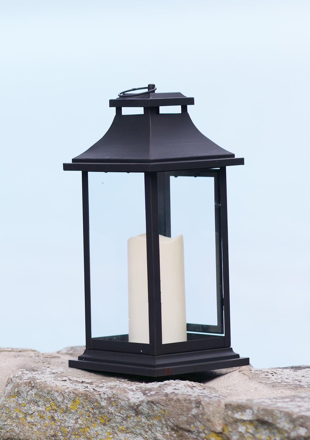 Elegant Black Iron LED Pillar Lantern Set with Glass Panels