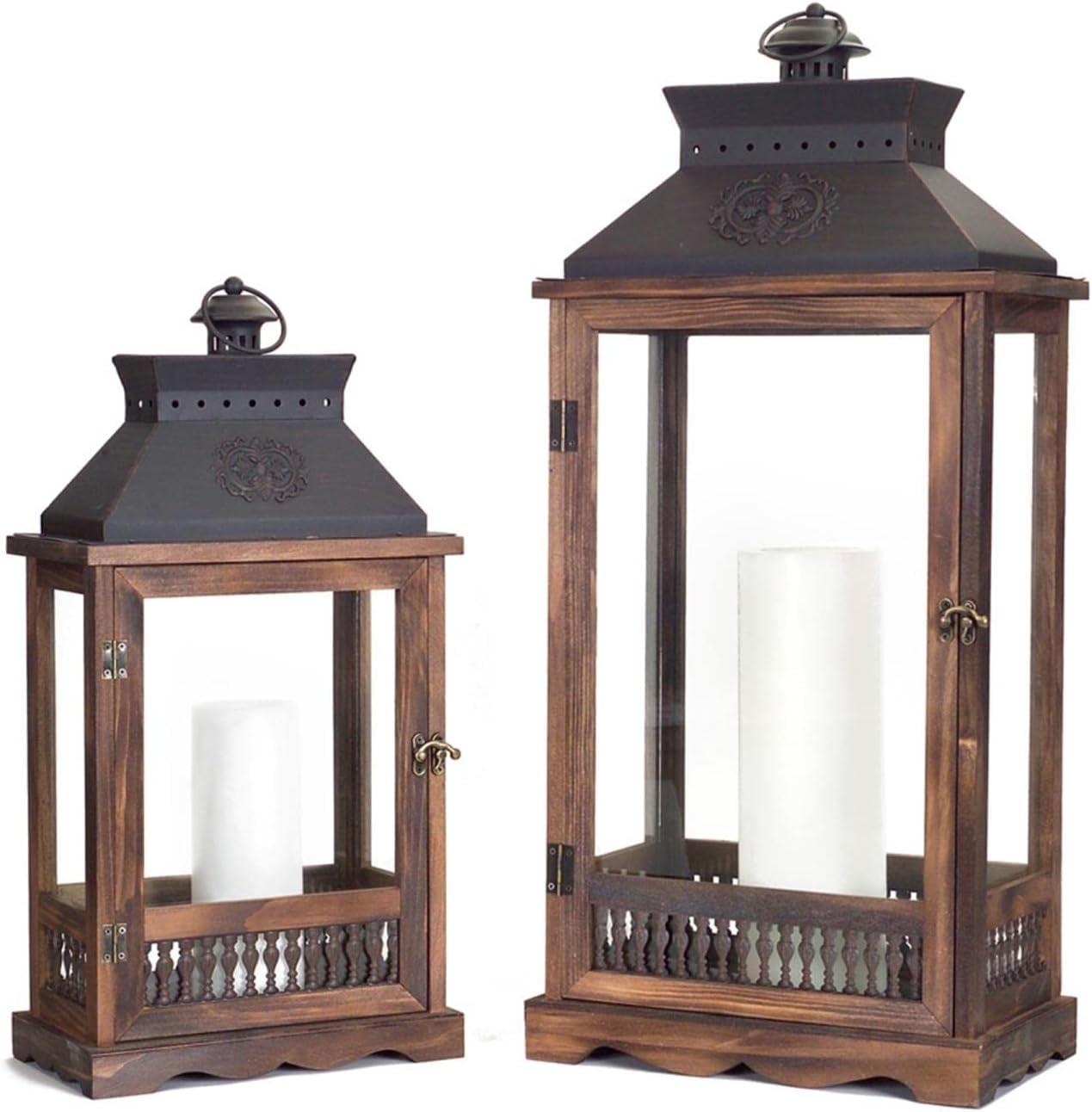 21" Dark Wood and Metal Hanging Tabletop Candle Lantern