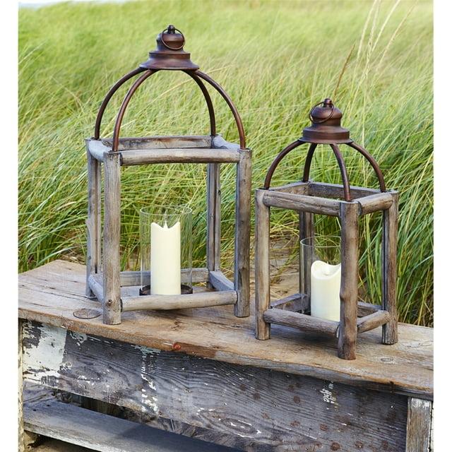Rustic Wood Log and Antique Metal Lantern with Glass Hurricane (Set of 2)