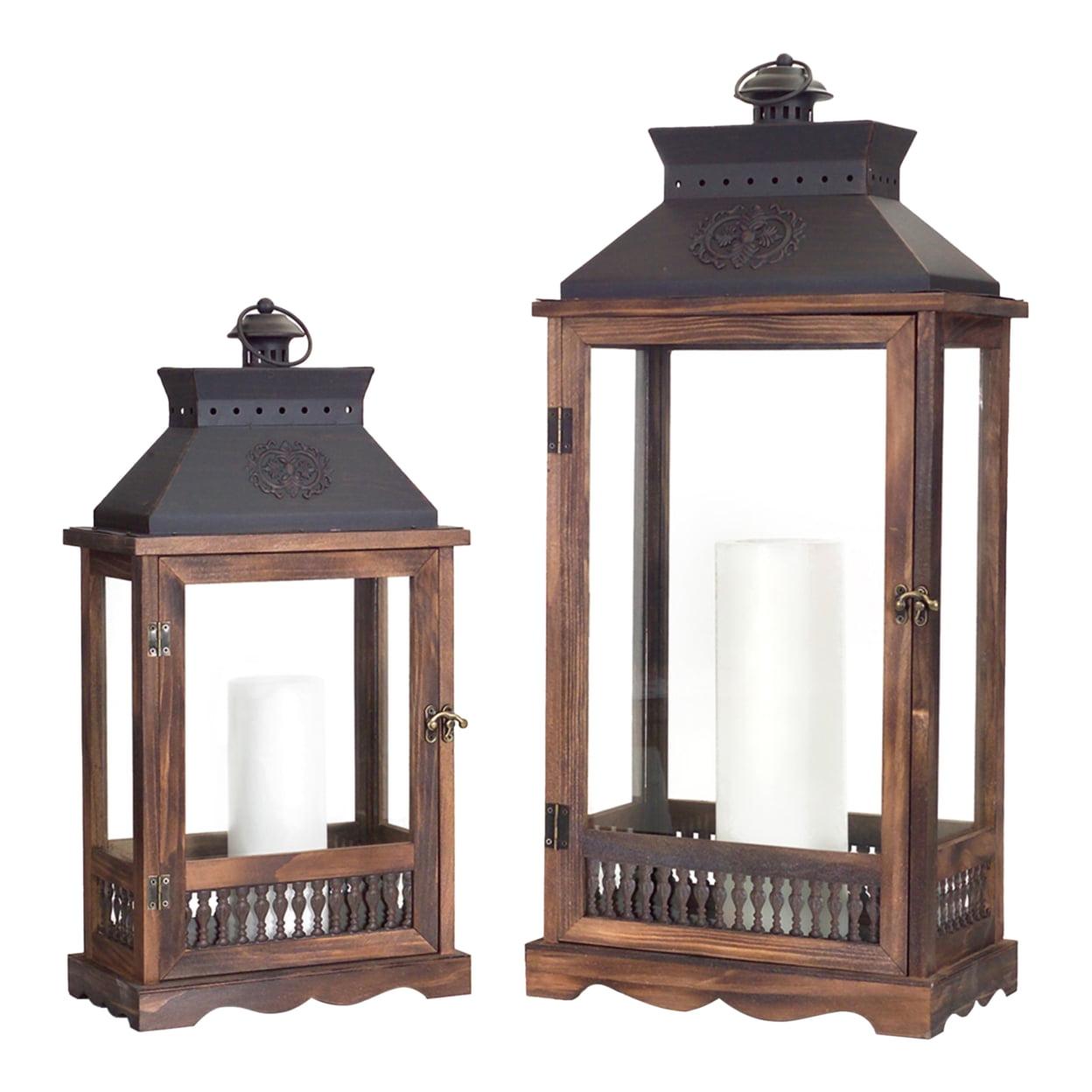 21" Dark Wood and Metal Hanging Tabletop Candle Lantern