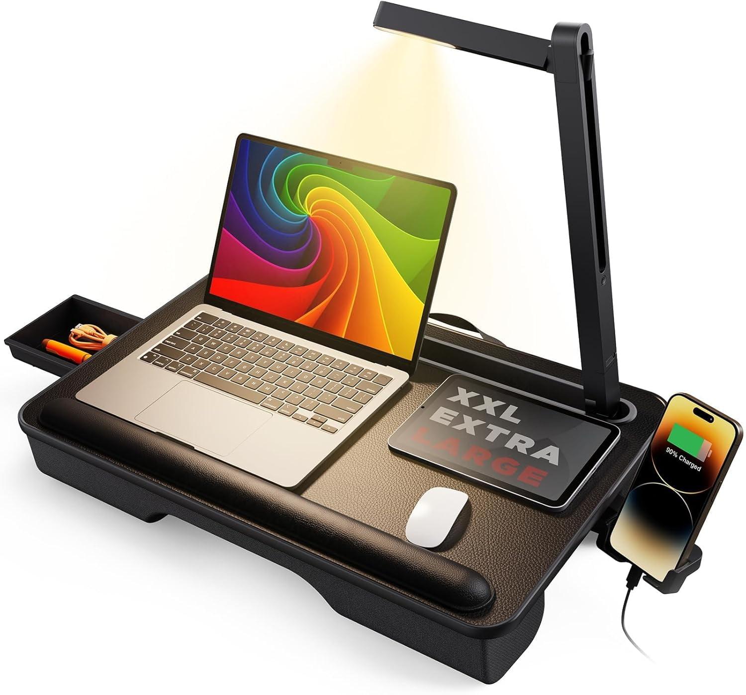 Inbox Zero Lap Desk With LED Light, Portable Laptop Tray With Cushion, Lap Table Stand For Bed And Couch