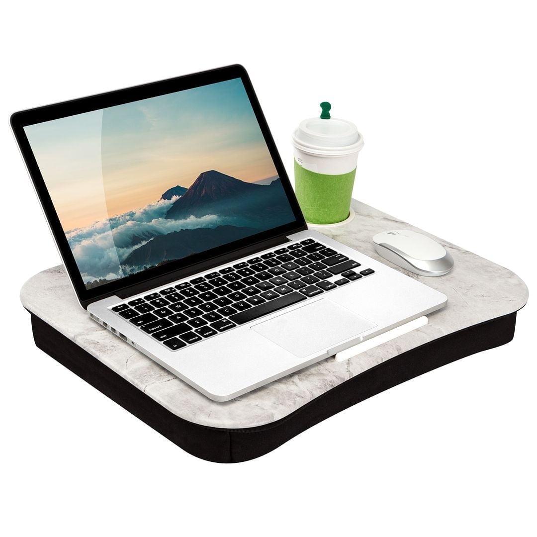 White Marble and Black Cup Holder Lap Desk with PVC Top