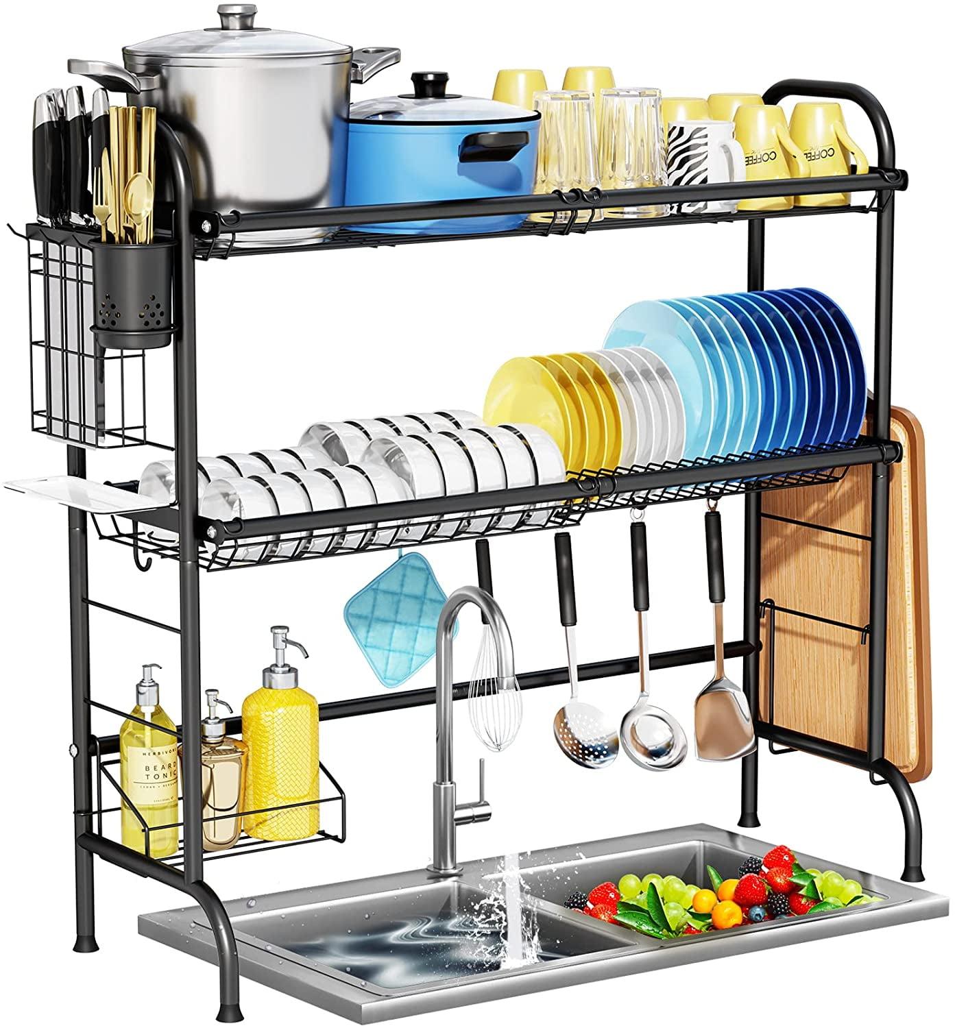 Over The Sink Dish Drying Rack, 2-Tier Stainless Steel Large Over The Sink Dish Rack with Utensil