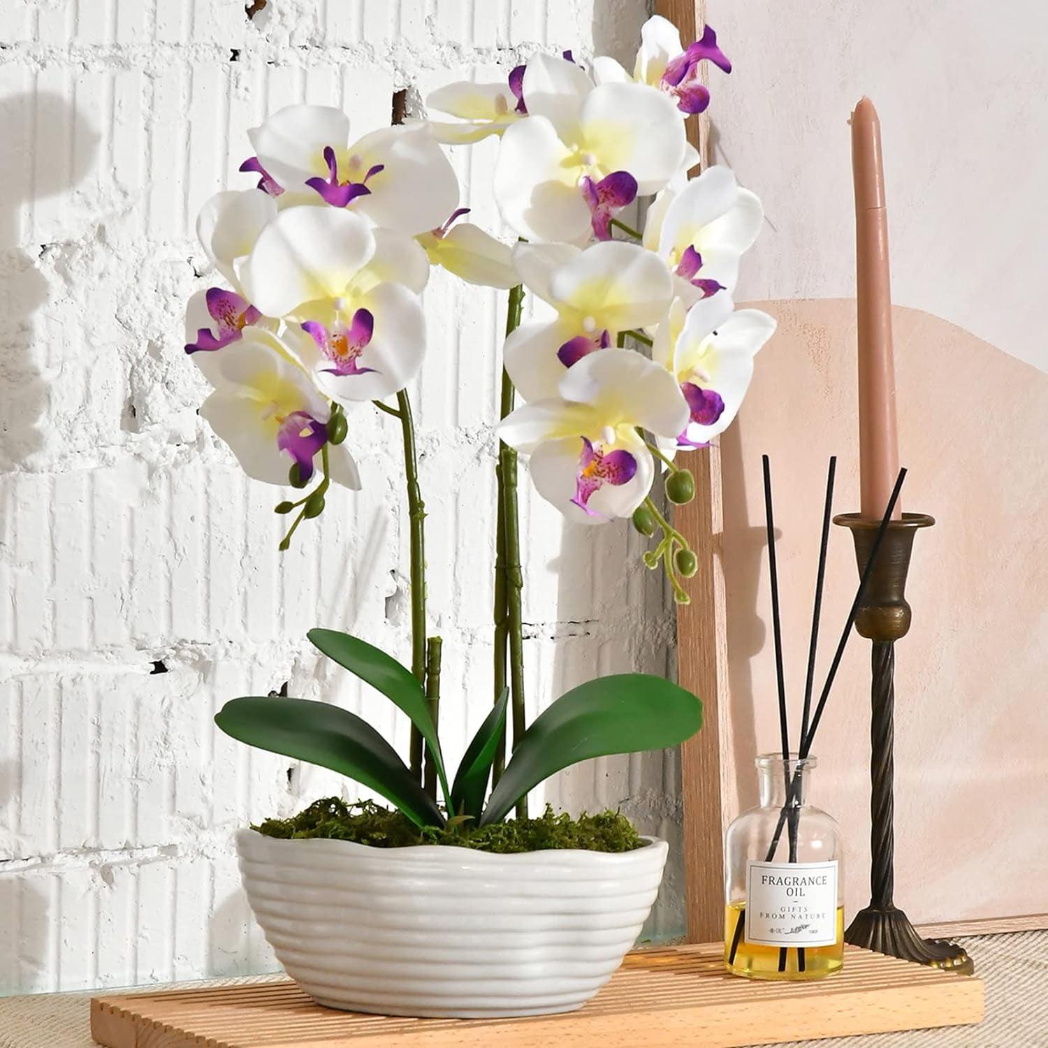 Large White and Purple Silk Orchid Arrangement in Ceramic Vase