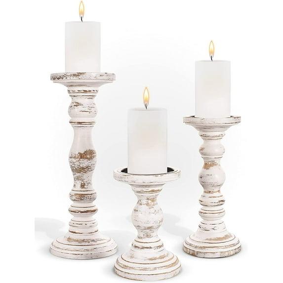 12'' Handcrafted Mango Wood Pillar Candle Holder Set – Rustic 3-Piece Set for LED Candles