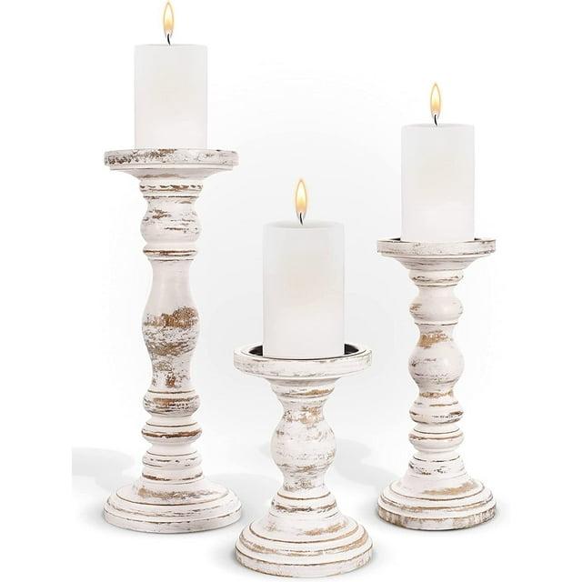 12'' Handcrafted Mango Wood Pillar Candle Holder Set – Rustic 3-Piece Set for LED Candles
