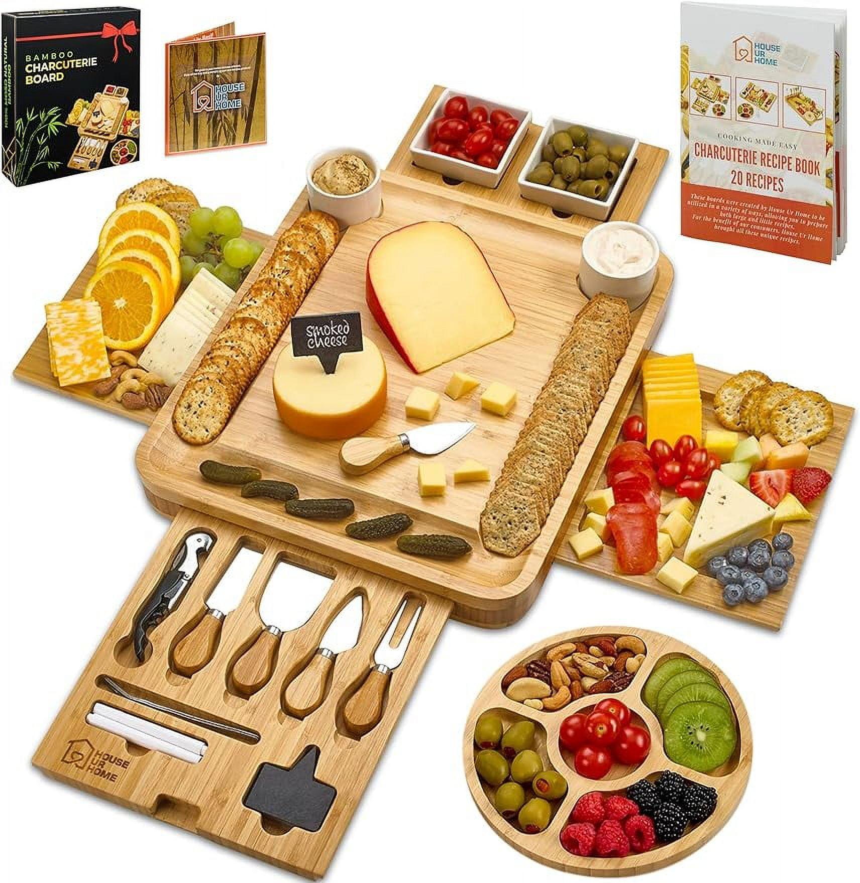 Large Bamboo Charcuterie Board Set with Ceramic Bowls and Drawers