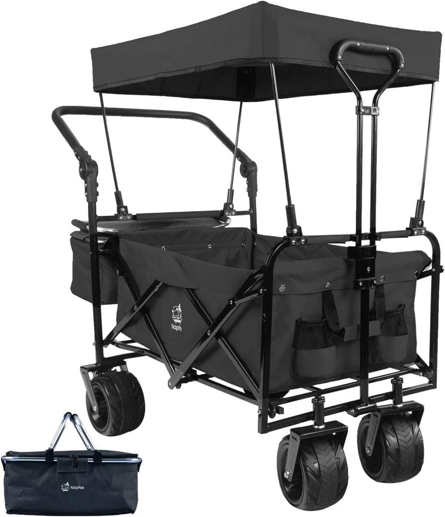 Large Collapsible Wagon Cart with Removable Canopy, Heavy Duty Folding Beach Wagon with Big Wheels, Adjustment Push Handle&Rear Brakes,Cooler Bag, Utility All-Terrain Wagon for Garden Shopping Camping