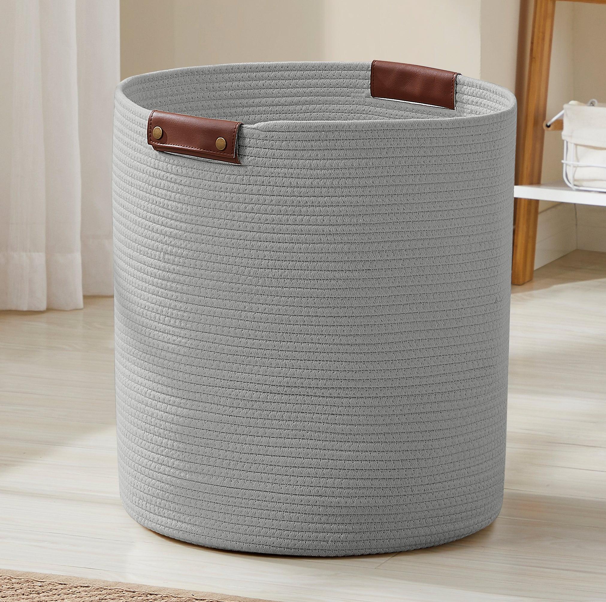 Gray Cotton Rope Round Storage Basket with Leather Handles