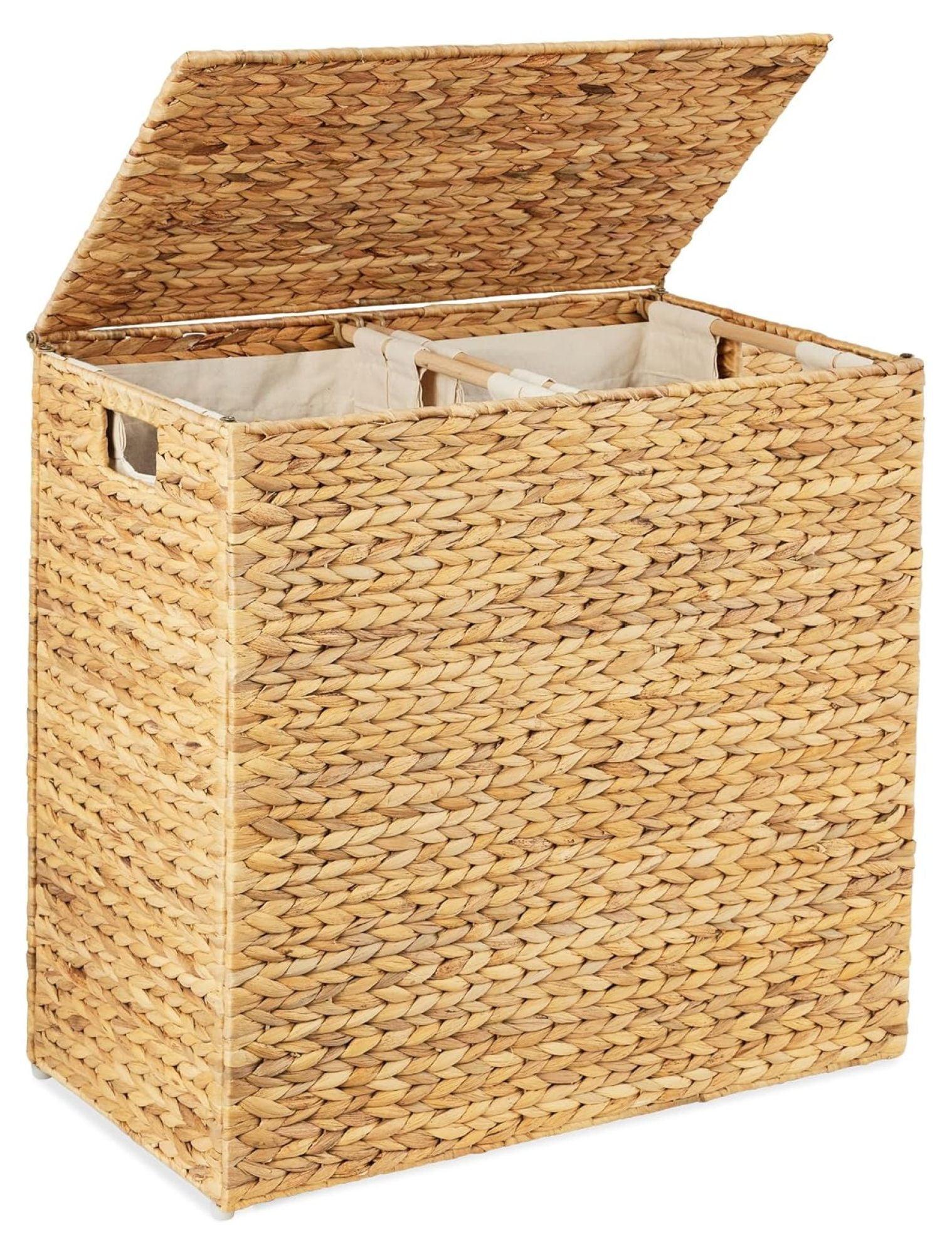 Best Choice Products Large Natural Water Hyacinth Double Laundry Hamper Basket w/ 2 Liner Bags, Handles