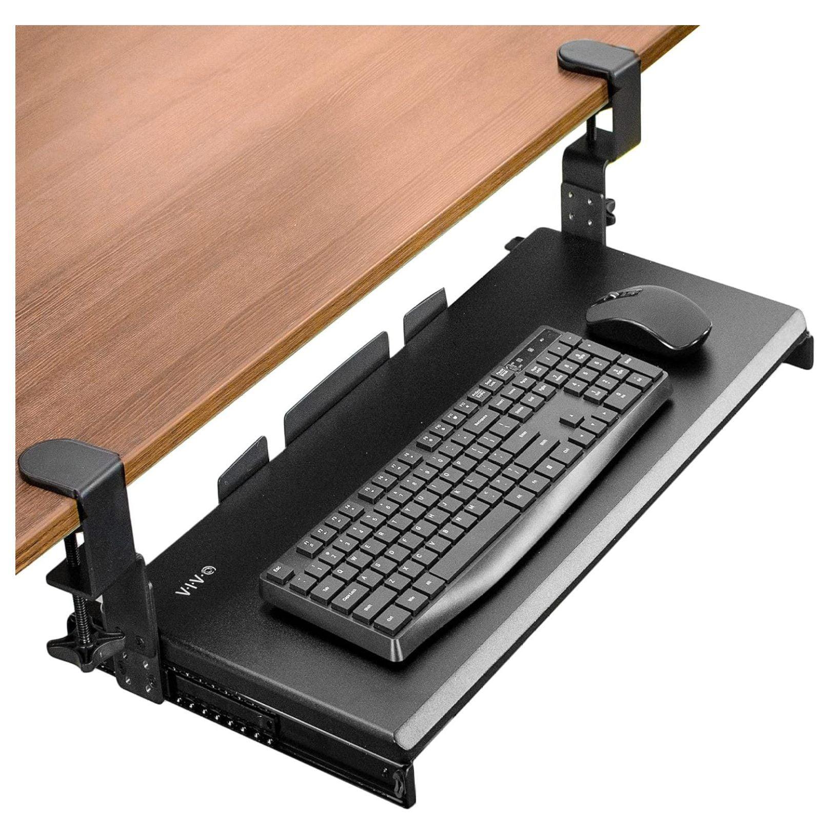 VIVO Black Clamp-on Height Adjustable Keyboard and Mouse Under Desk Slider Tray