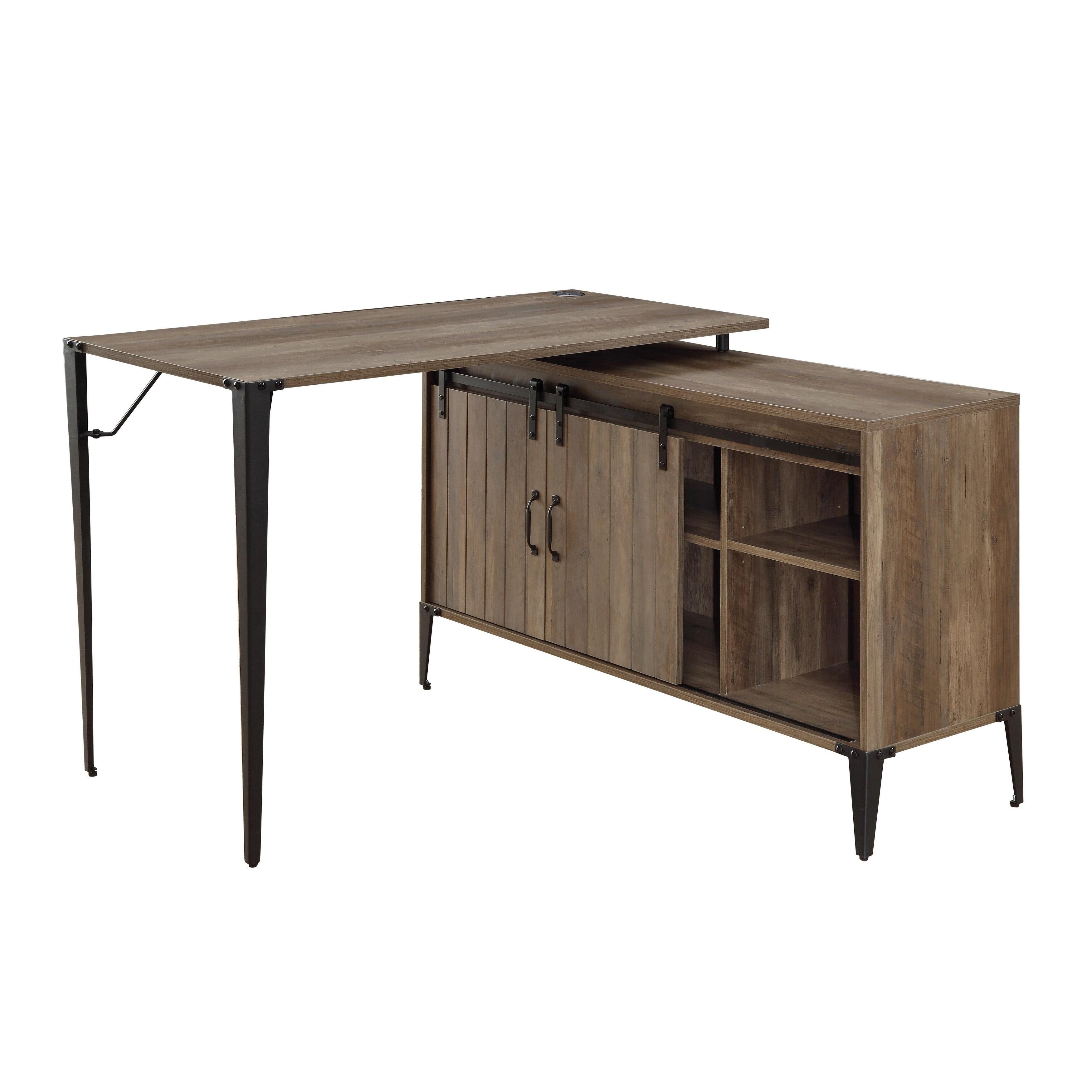 Executive Rustic Oak Corner Desk with USB Port and Filing Cabinet