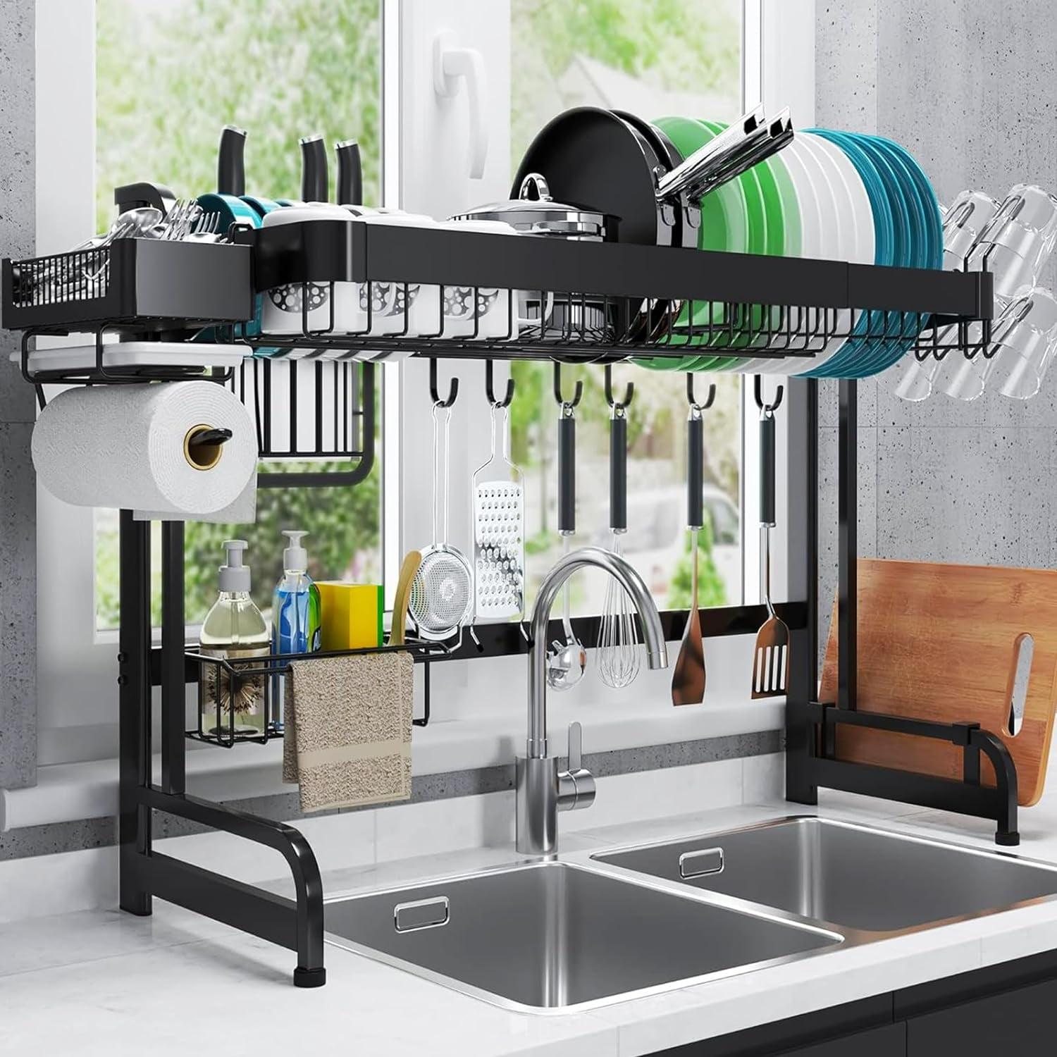 Large Over Sink Dish Rack: Full Stainless Steel Dish Drying Rack Over The Sink - Adjustable (25.6-37.6in) Width Kitchen Organizers and Storage Black Dish Shelf Counter Utensil Sponge Holder Sink Caddy