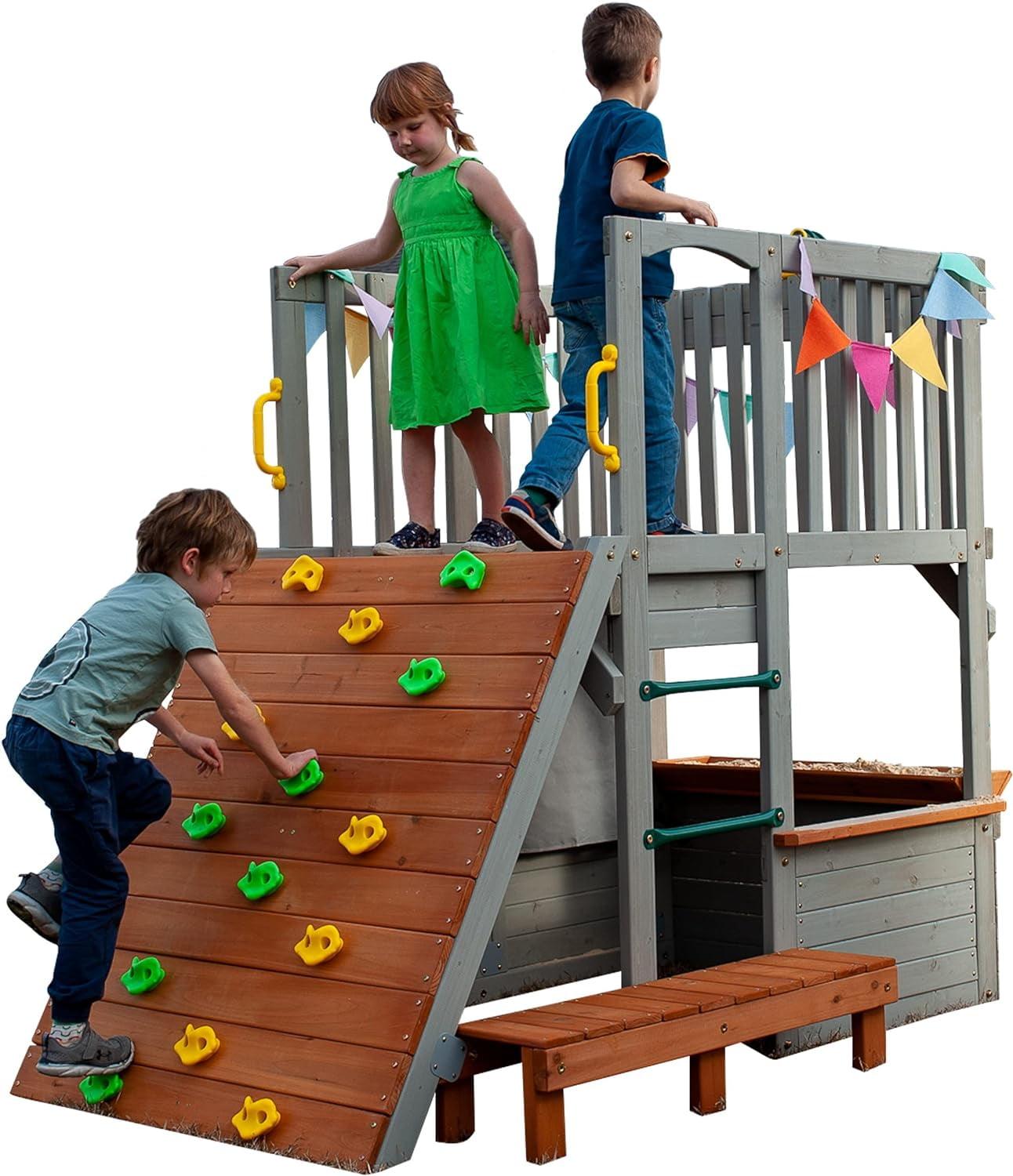 Funphix Outdoor Wooden Playhouse with Climbing Ramp and Telescope