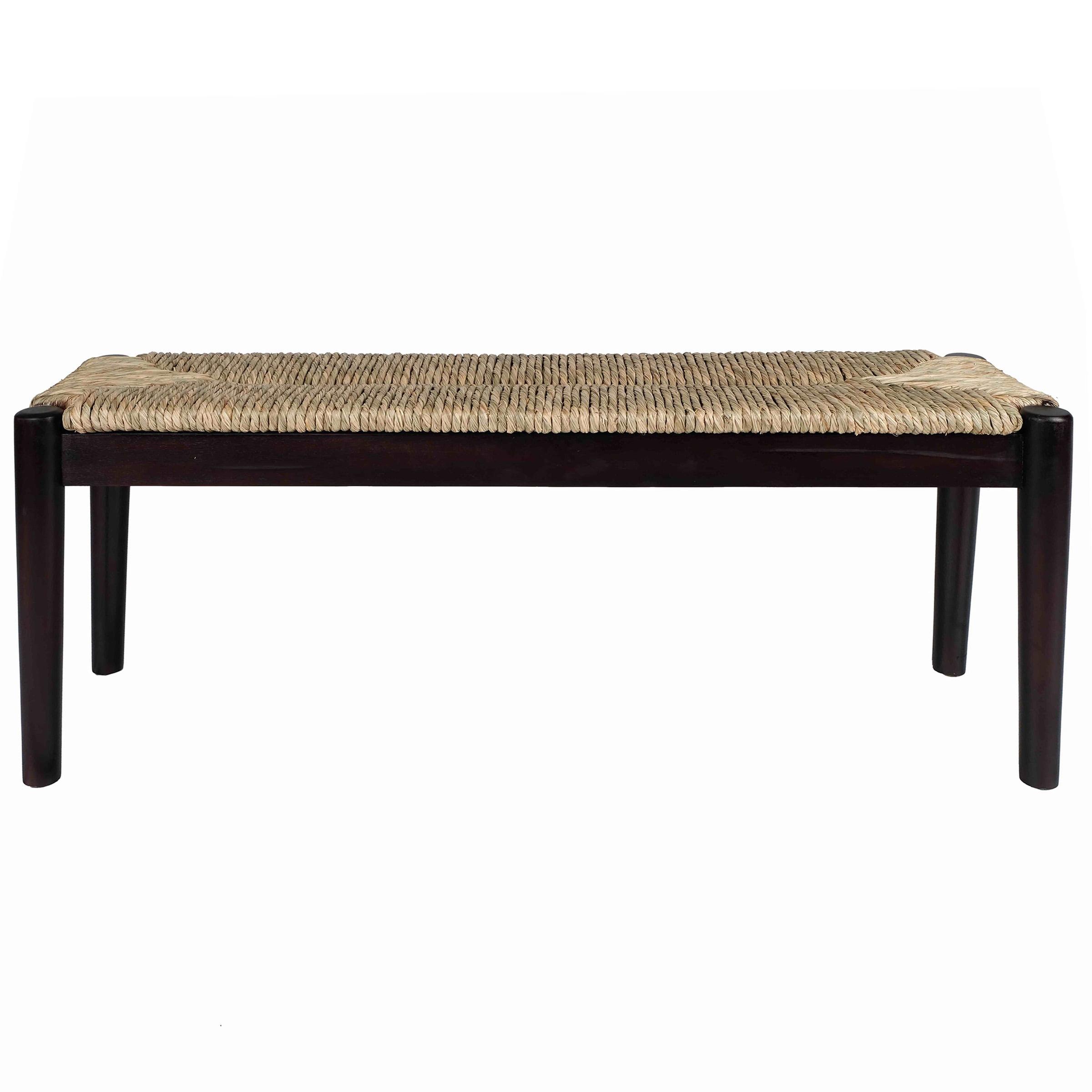 Black Acacia Wood Bench with Woven Seagrass Top