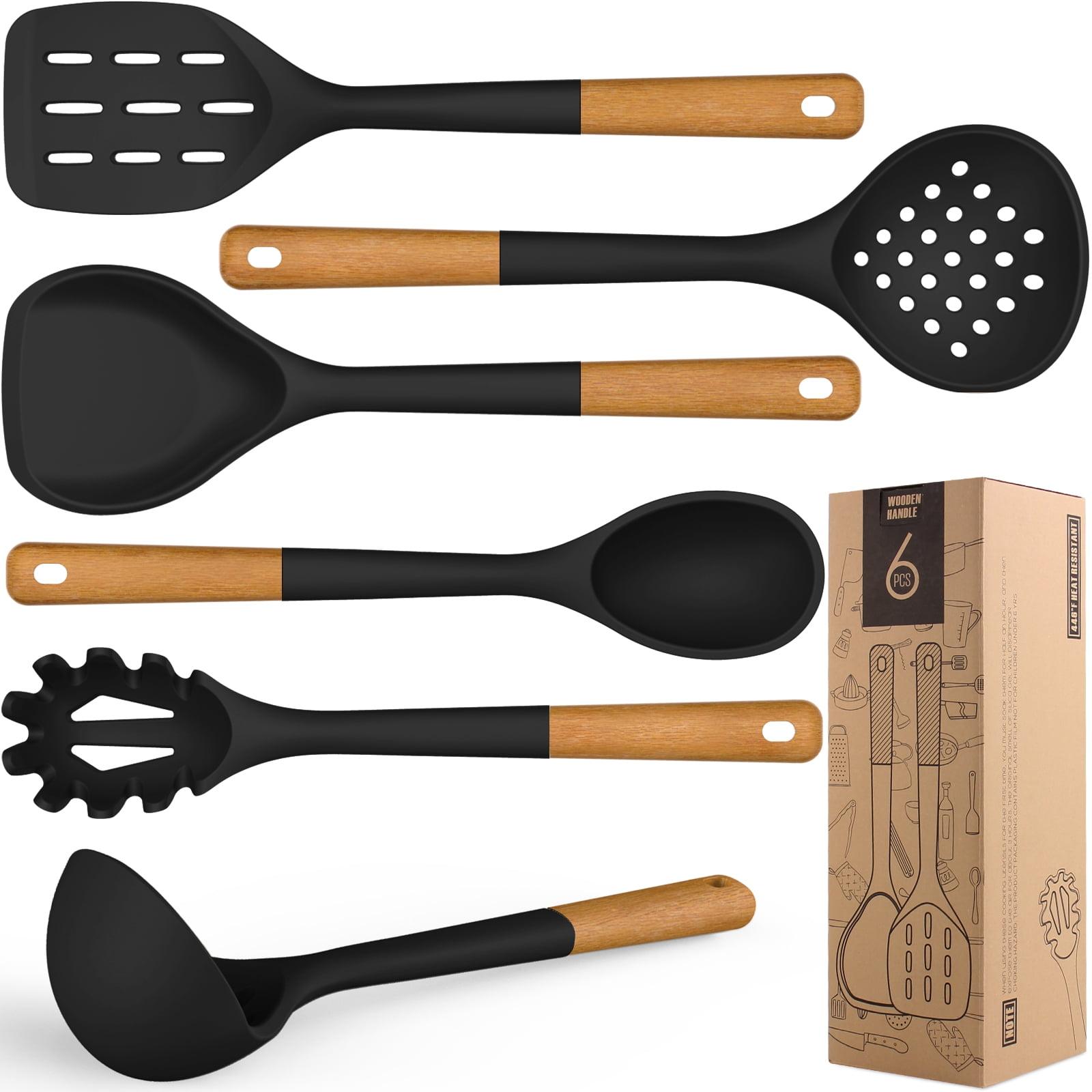 Black Silicone and Wood 6-Piece Heat Resistant Cooking Utensil Set