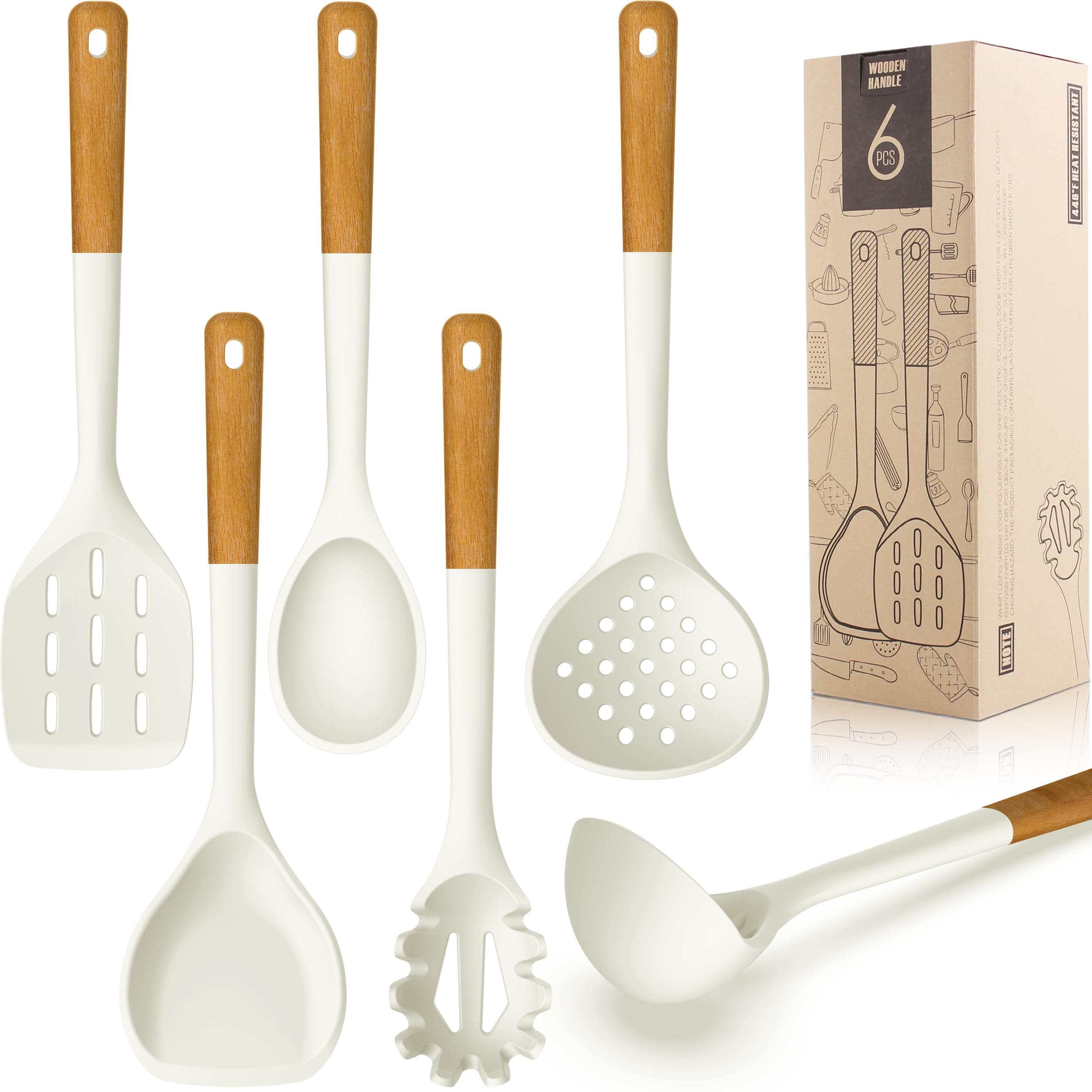 Cream White Silicone Cooking Utensils Set with Wooden Handles