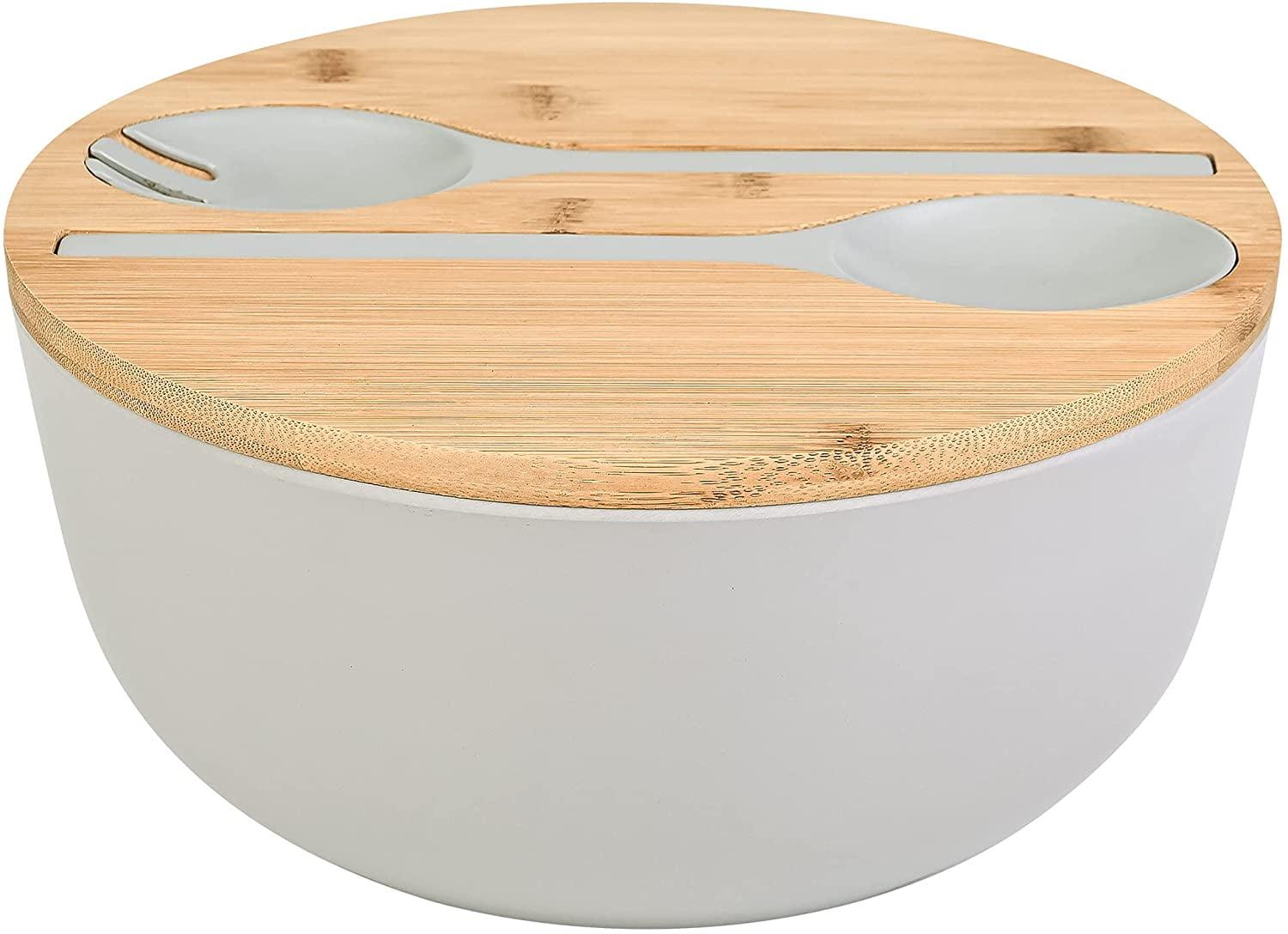 Gray Bamboo Fiber Salad Bowl with Lid and Utensils