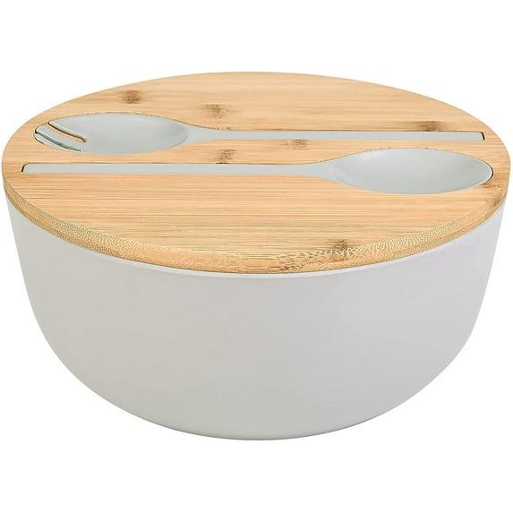 Large salad bowl with lid, upgraded version of bamboo fiber salad bowl with lid, 9.8-inch mixed salad bowl and server, and a set of free quick salad tools