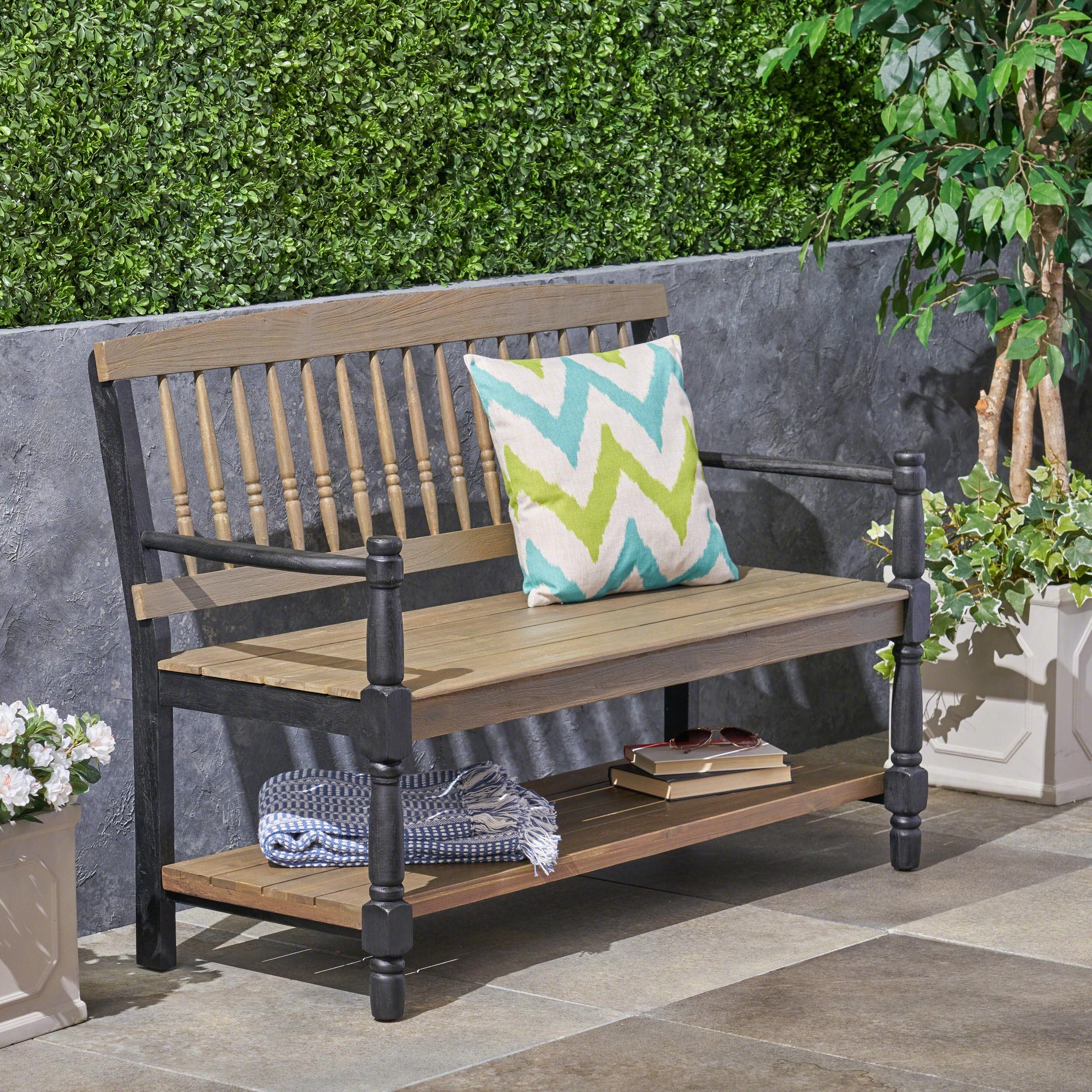 Gray and Black Acacia Wood Farmhouse Bench with Shelf