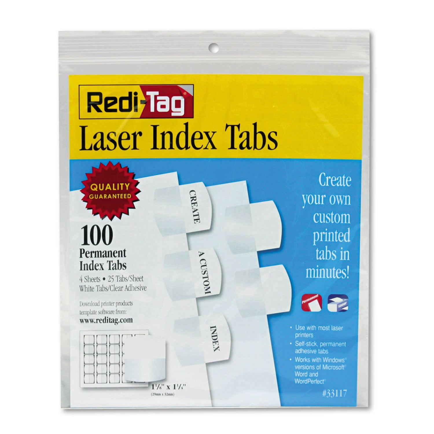 Redi-Tag Laser Printable Index Tabs, 1/5-Cut, White, 1.13" Wide, 100/Pack